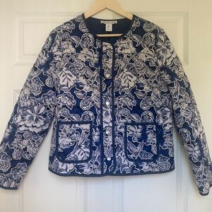 Rachel Zoe Quilted Floral Jacket w/ Front Pockets Size L Navy & White